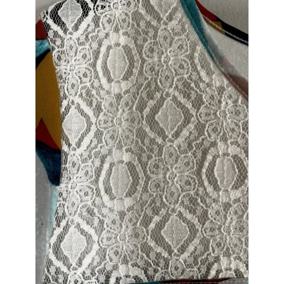 Colorful Retro Floral Lace Top Red S Funky Edgy Boho Patchwork Chic Preppy 80s - Picture 3 of 7